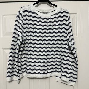 Ann Taylor LOFT Zig Zag Wide Sleeve Boatneck Sweater in Navy & White Size XL NWT
